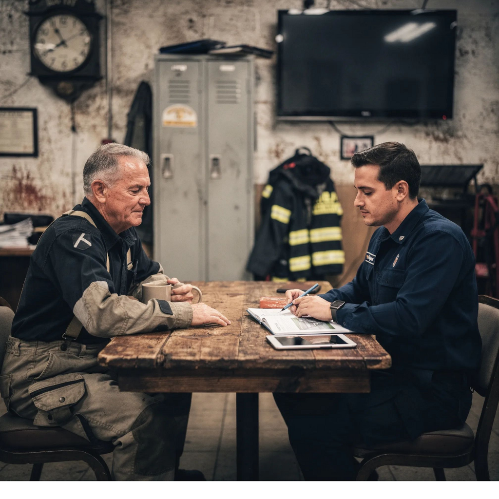 Firehouse culture comparison showing an experienced firefighter and a modern firefighter in a station dayroom, representing the generational divide between tradition and professionalism in the fire service.