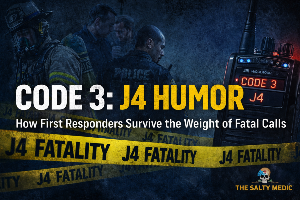 Code 3 J4 humor graphic showing first responders and emergency radio representing how responders cope with fatal call stress