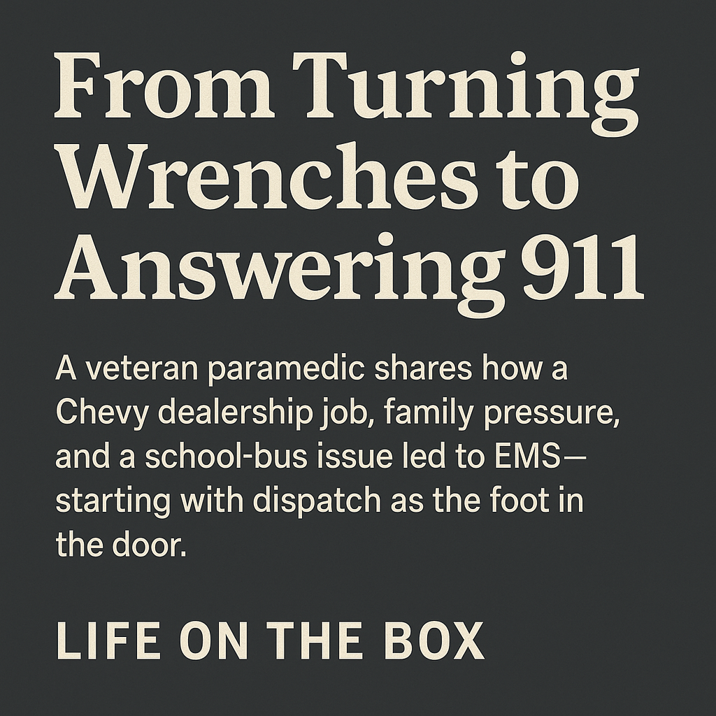 Illustration representing the transition from automotive technician to EMS dispatch, symbolizing a career change into emergency services