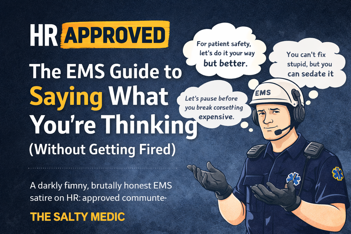 HR Approved EMS dark humor graphic featuring a cartoon paramedic and sarcastic EMS quotes about saying what you’re thinking without getting fired, by The Salty Medic