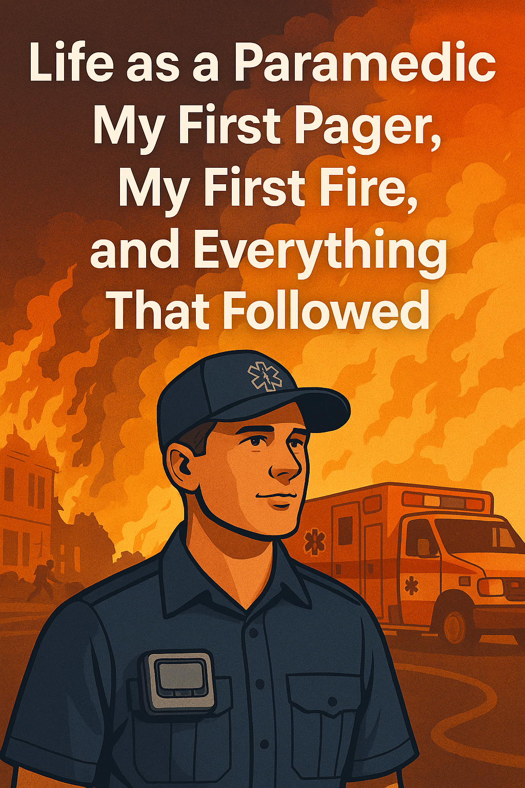 Illustration of a paramedic with a fire scene and ambulance behind him, representing life as a paramedic and a first emergency fire call