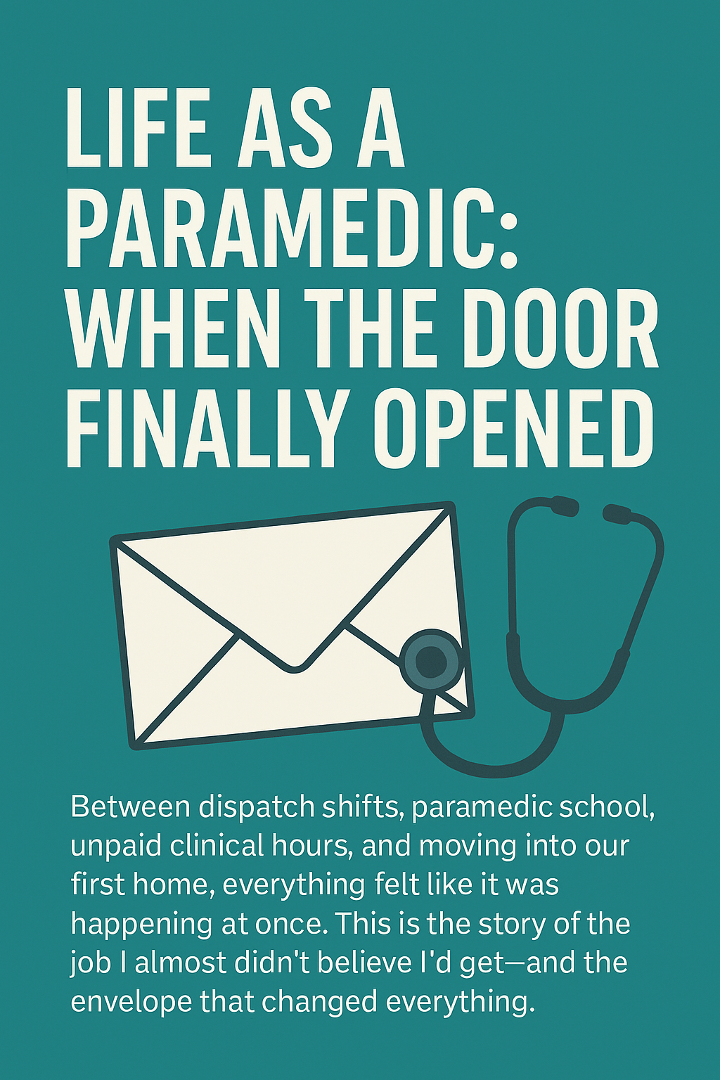 Graphic illustrating a paramedic’s career turning point, with an envelope and stethoscope symbolizing passing the NREMT and landing a full-time EMS job