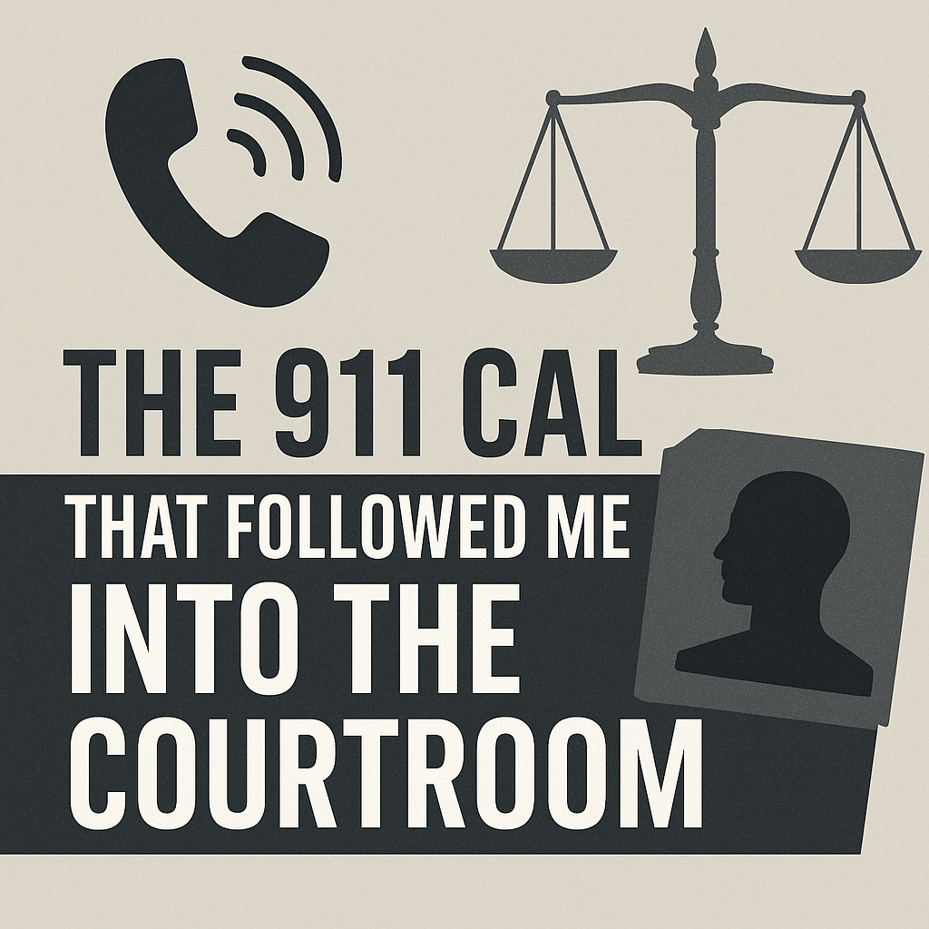 Minimalist graphic representing a 911 call leading to courtroom testimony, symbolizing the unseen weight of emergency medical dispatch