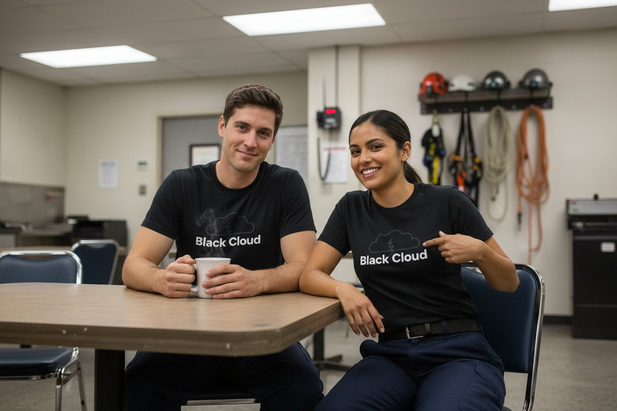First responders wearing black cloud shirt in a break room, perfect for EMS and emergency professionals