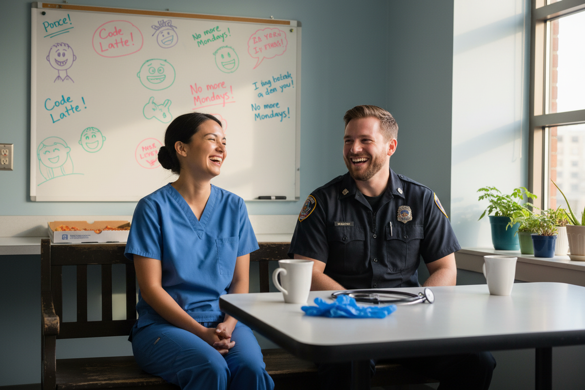 Nurse and EMT share healthcare humor coping strategies during a break, building camaraderie and resilience