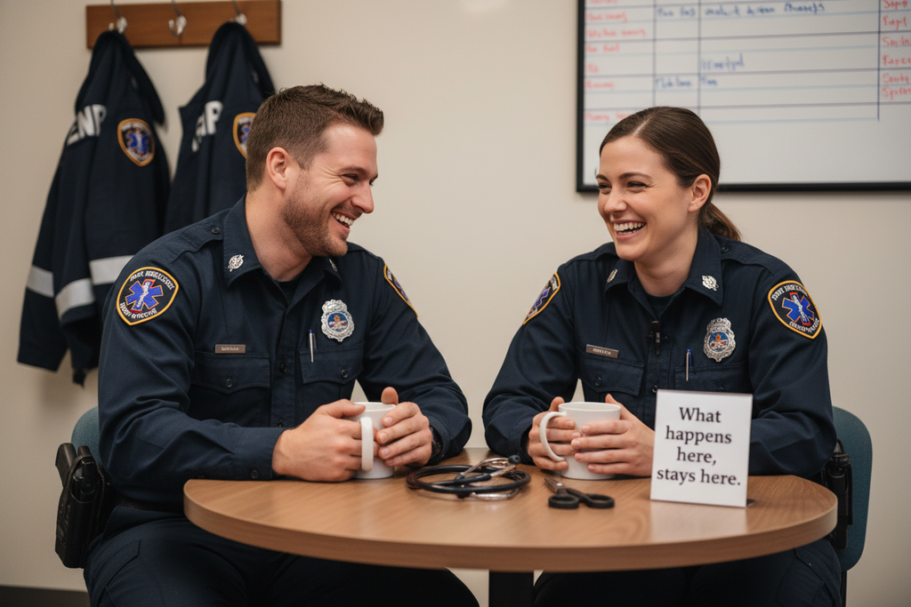EMS workers sharing dark humor and coffee during a break, supporting mental health in emergency services