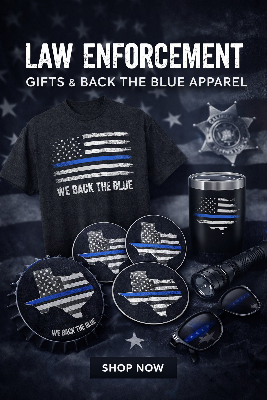 Law enforcement gifts and Back the Blue apparel including graphic tees, novelty signs, drinkware, and patriotic decor
