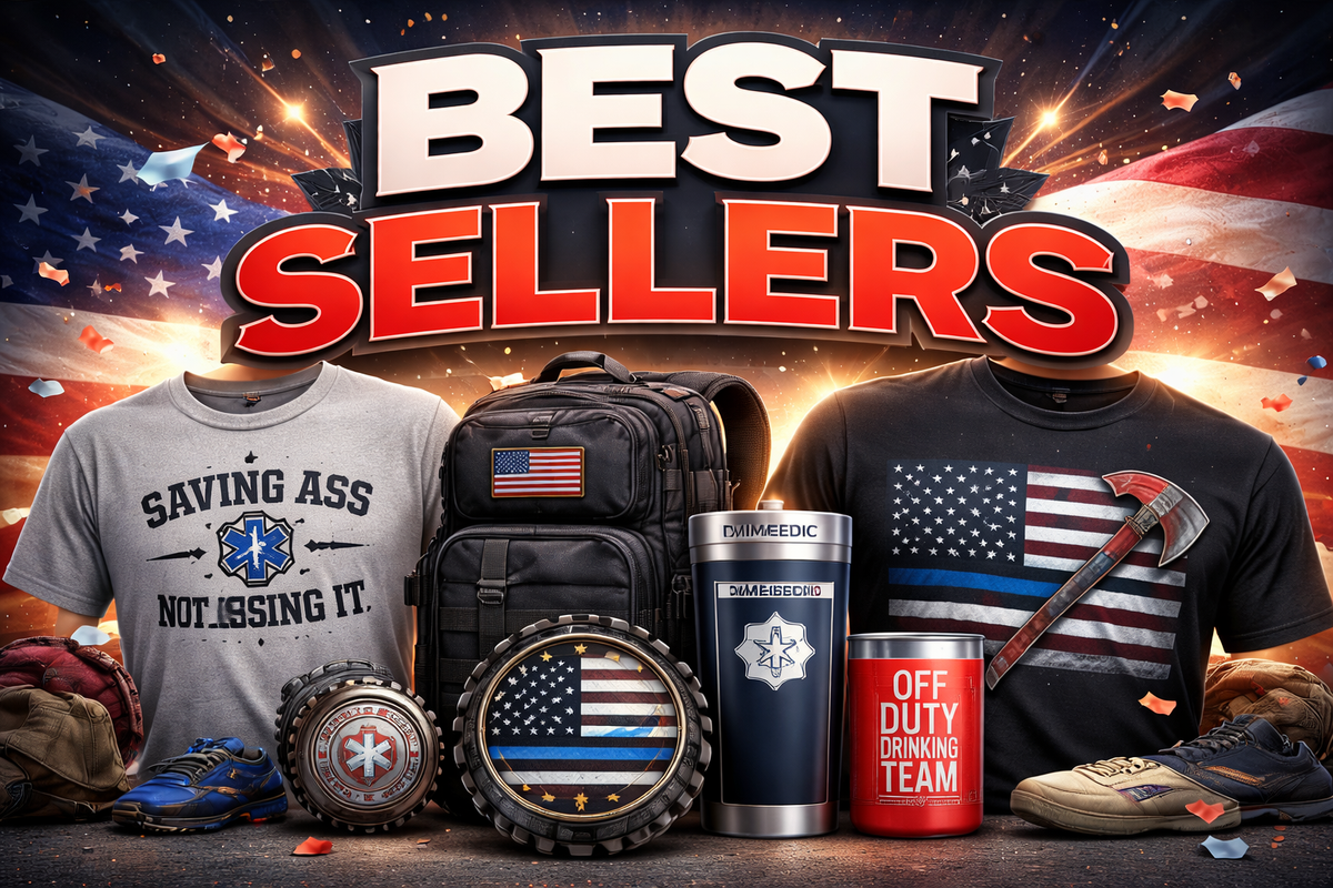 Top selling first responder gifts featuring funny graphic tees, EMS apparel, firefighter designs, and novelty products from The Salty Medic