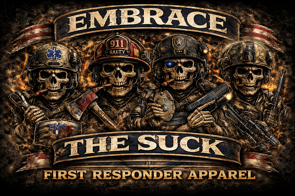 Embrace The Suck first responder apparel collection featuring EMS, firefighter and law enforcement shirts