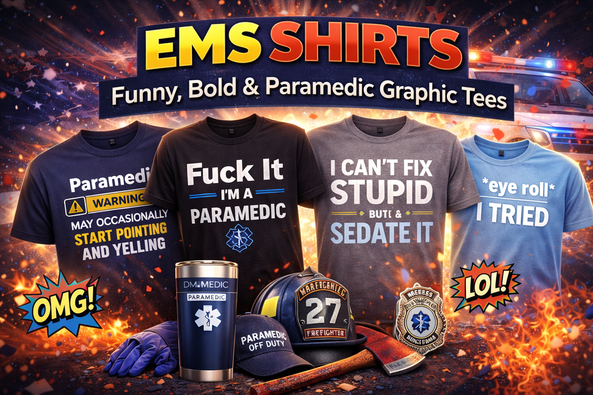EMS graphic tees with funny and bold paramedic humor designs including medical themed shirts and first responder apparel from The Salty Medic