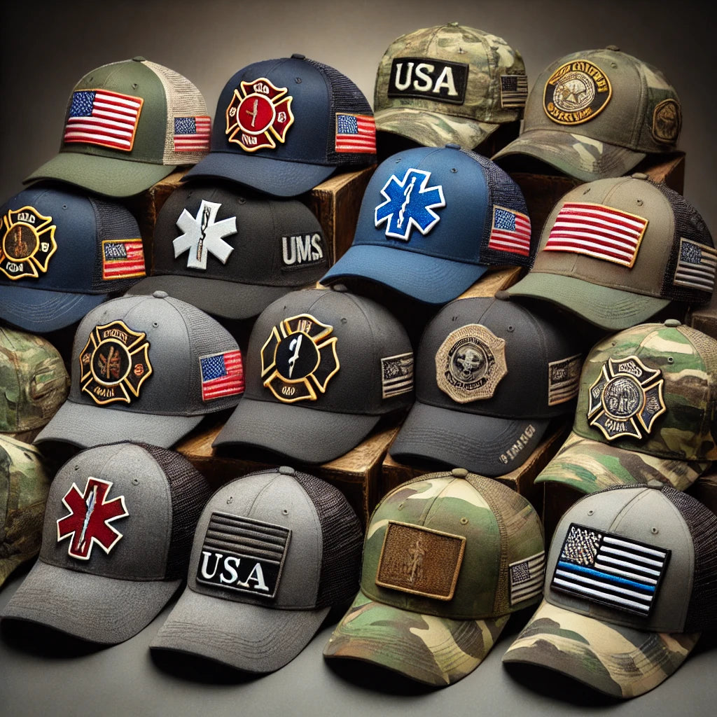 A collection of hats representing Firefighting, Emergency Medical Services (EMS), USA, and Law Enforcement. The hats are displayed in various styles, including snapback trucker hats, fitted caps, and boonie hats.