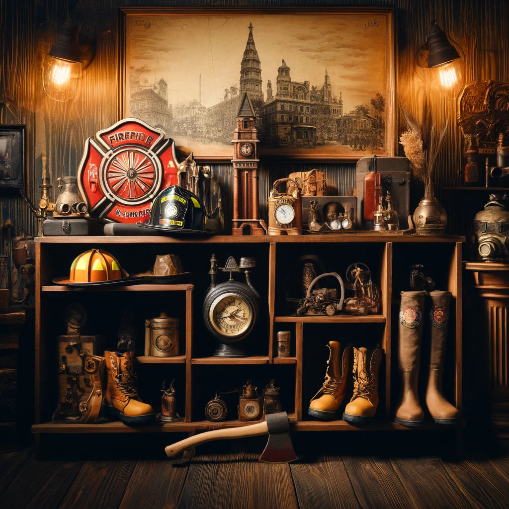 Vintage firefighting gifts display featuring firefighter helmets, boots, and decorative axes on wooden shelves, ideal for firefighting enthusiasts looking for unique, nostalgic novelties from The Salty Medic.