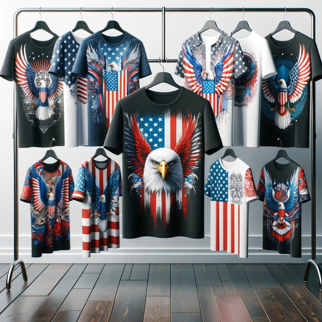 Vibrant display of The Salty Medic Clothing Co.'s American Spirit Collection featuring patriotic-themed t-shirts