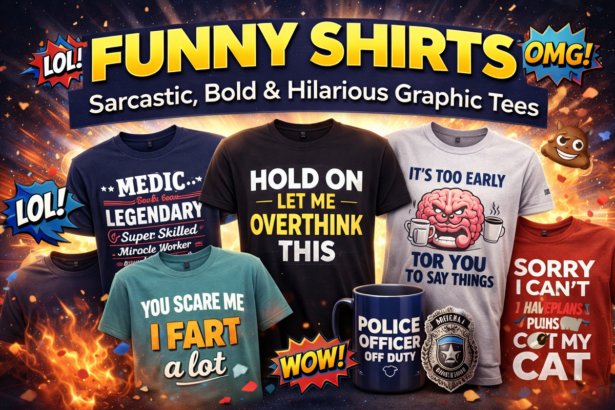 Collection of funny shirts with sarcastic and hilarious graphic tee designs including EMS humor, novelty prints, and bold statement t-shirts