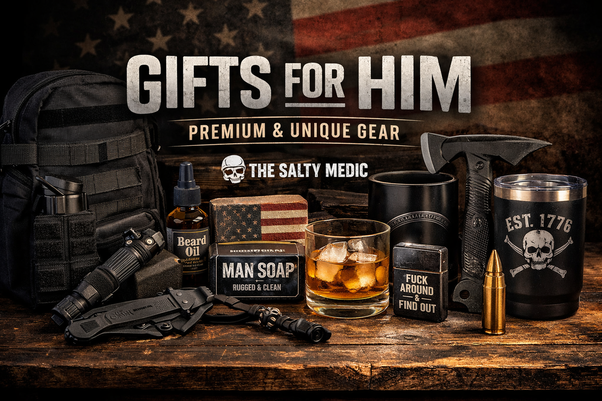 Premium gifts for him featuring American-made grooming products, bold decor, dark humor items, and high-quality masculine gifts from The Salty Medic.