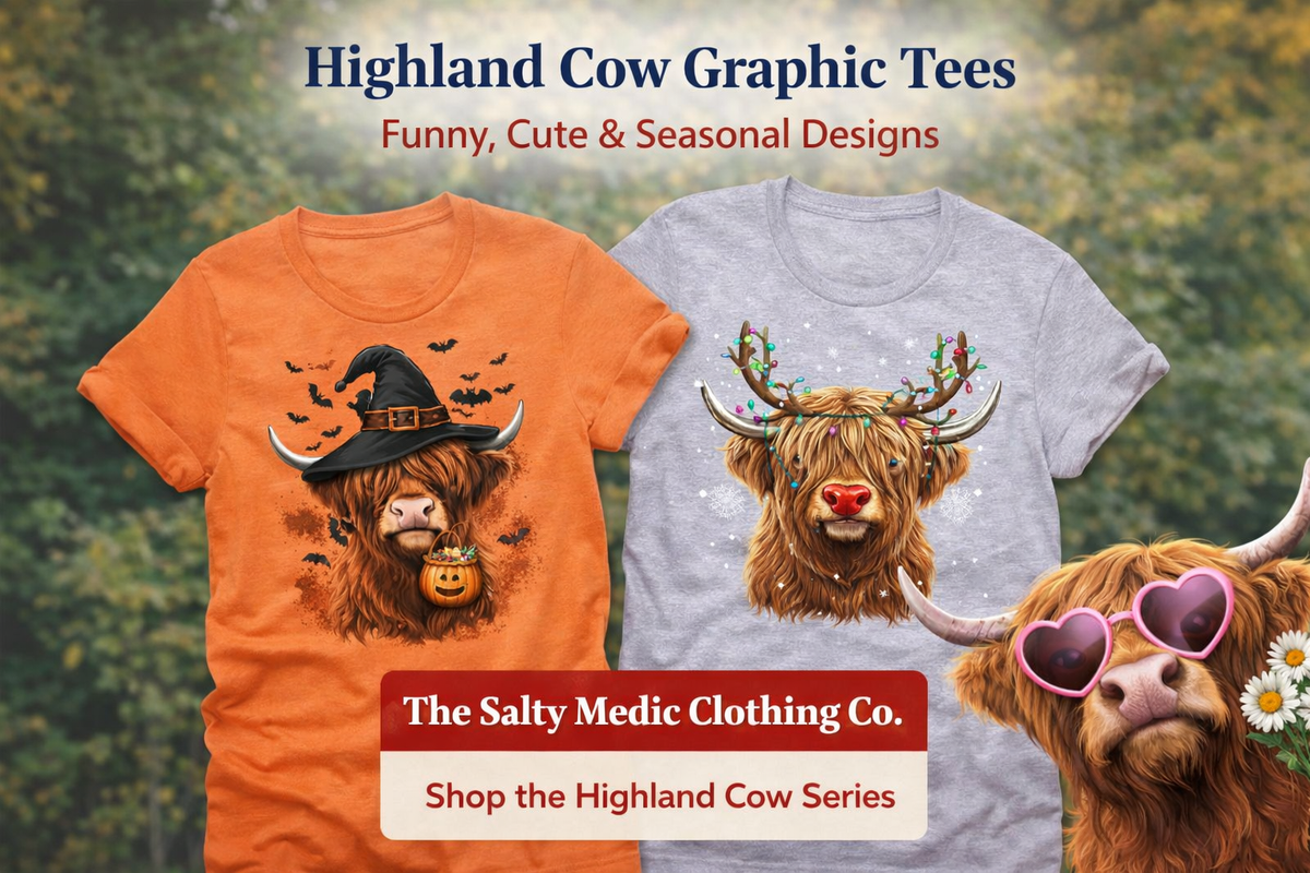 Funny and cute Highland cow graphic tees with custom seasonal designs from The Salty Medic Clothing Co