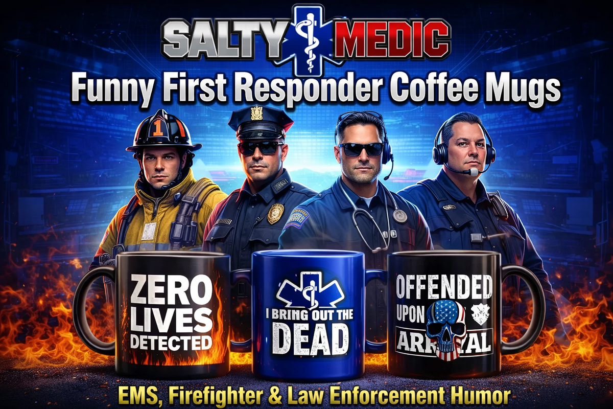 Salty Medic funny first responder coffee mugs featuring EMS, firefighter and law enforcement humor novelty mugs