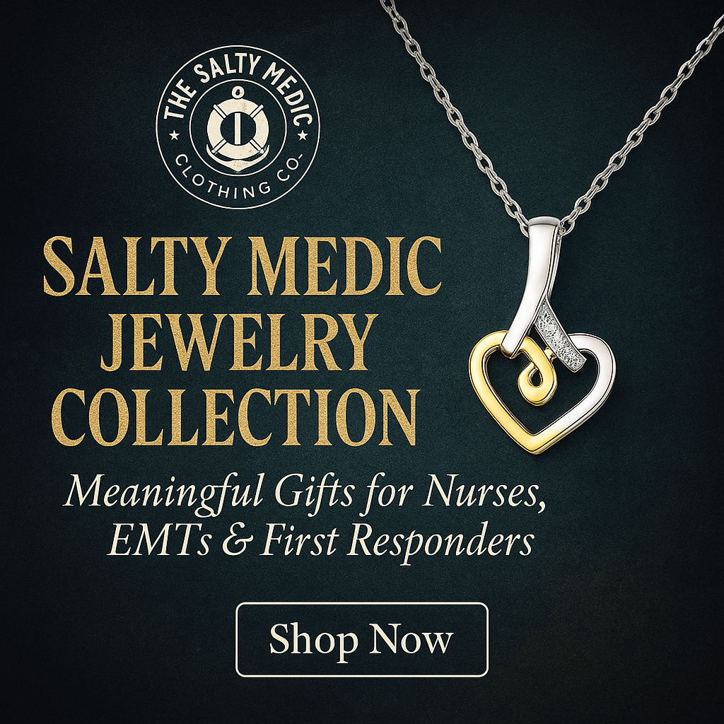 Elegant promotional image for The Salty Medic Jewelry Collection featuring a silver and gold heart necklace on a dark background. Text reads “Meaningful Gifts for Nurses, EMTs & First Responders.” Perfect Nurse Week, EMS Week, and Paramedic gift