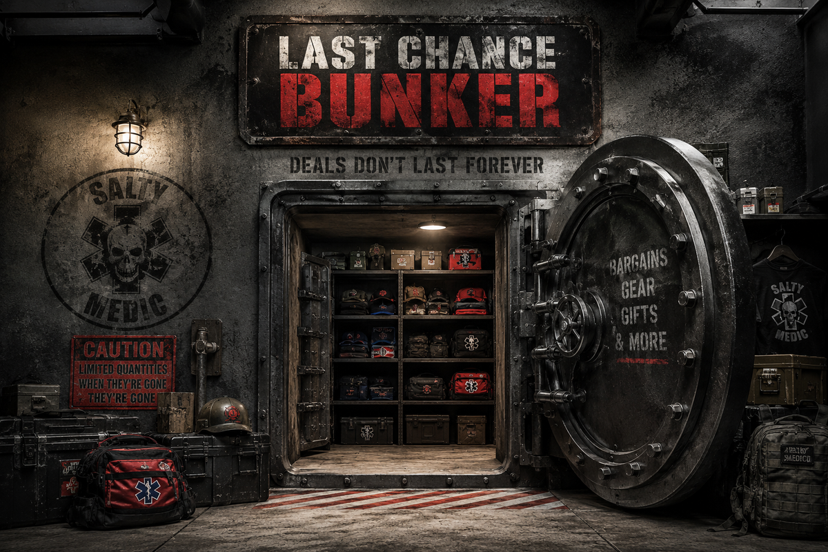 The Last Chance Bunker clearance sale featuring discounted firefighter gear, EMS merchandise, tactical equipment, gifts, and limited-quantity deals.