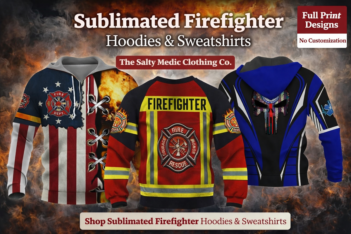 Full print sublimated firefighter hoodies with detailed fire service graphics designed for durability and long lasting wear