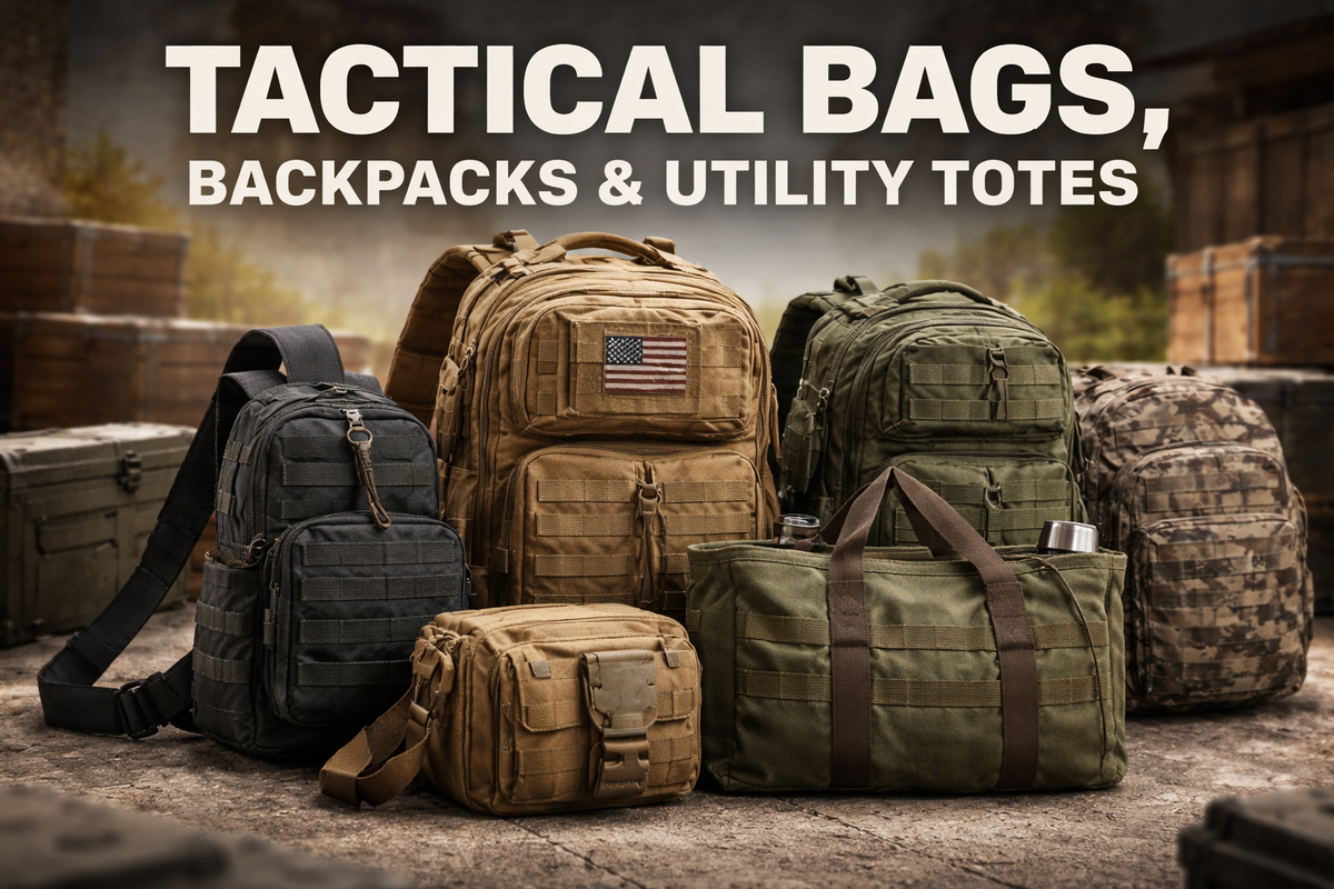 Tactical bags, backpacks, and utility totes featuring rugged, heavy-duty designs for everyday carry and outdoor use