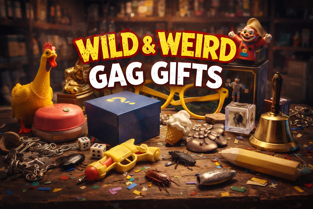 Wild and weird gag gifts including novelty prank items, funny conversation starters, and white elephant gift ideas displayed on a rustic table.