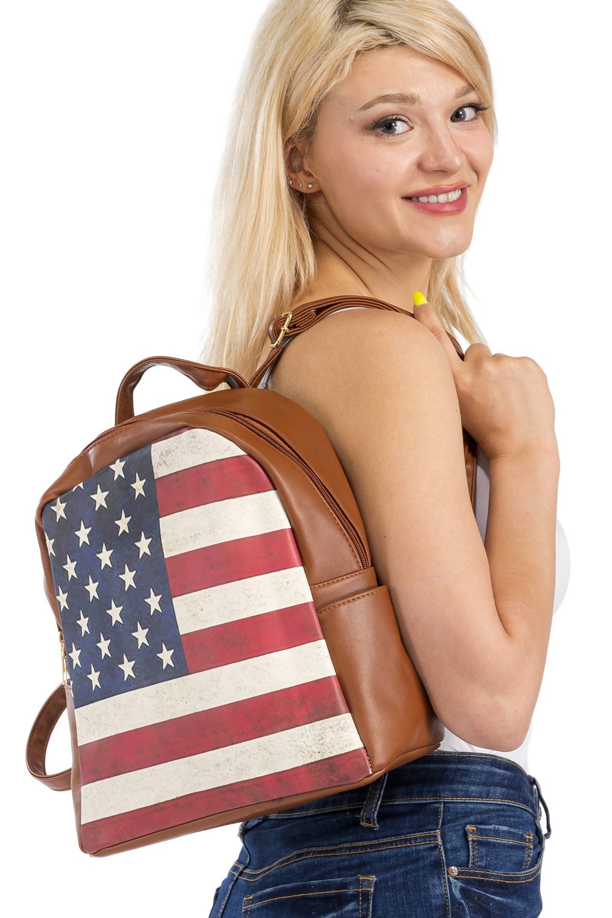 Vintage American flag print vegan leather backpack with zippered compartments