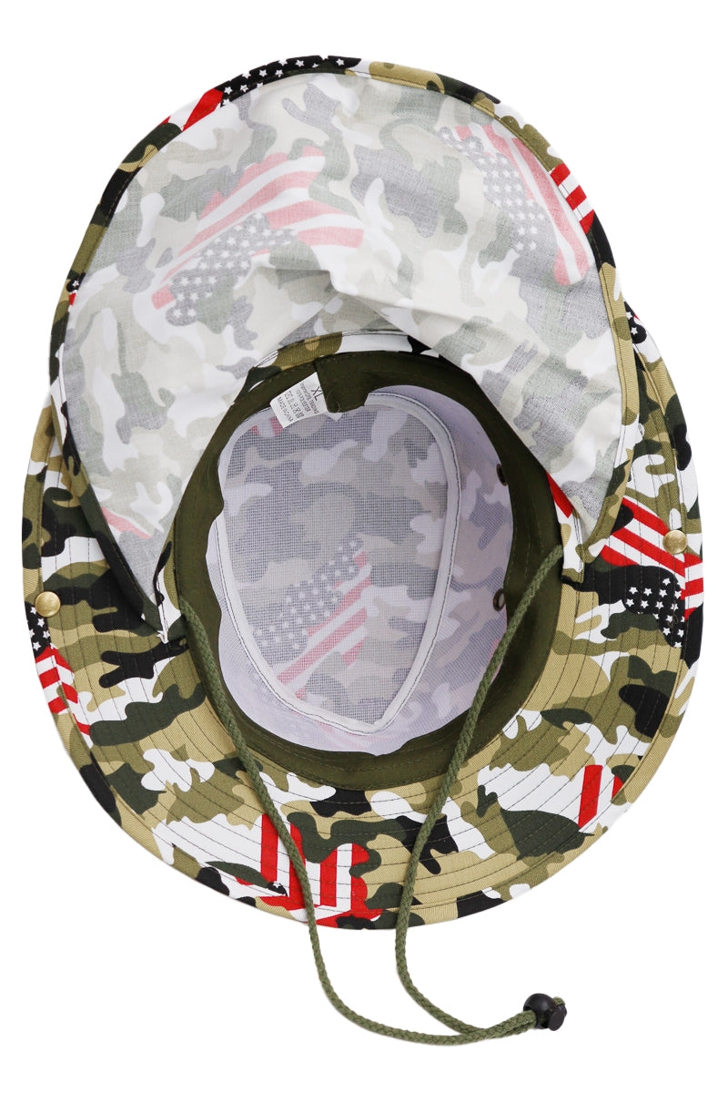 American Flag Green Camo Print Fisherman Boonie Bucket Hat with Neck Cover – Wide Brim, Adjustable Chin Strings, & Neck Guard