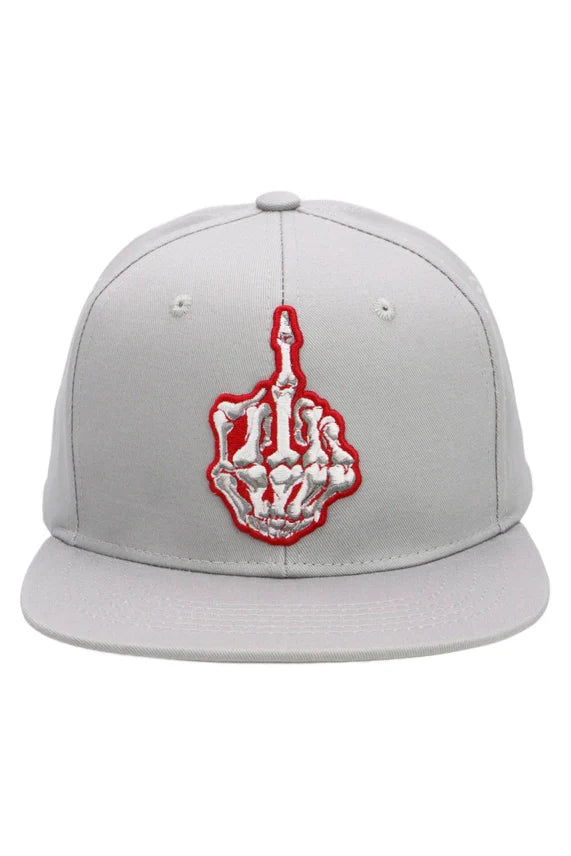 Skeleton hand middle finger embroidered flat brim snapback cap