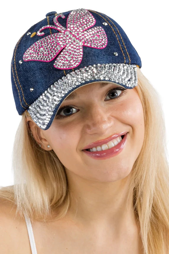 Butterfly Rhinestone Baseball Cap – Dark Denim Blue