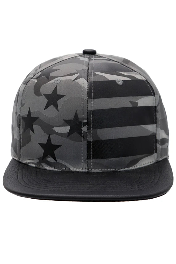 American Flag Camo Flat Brim Snapback Hat – PU Leather Bill