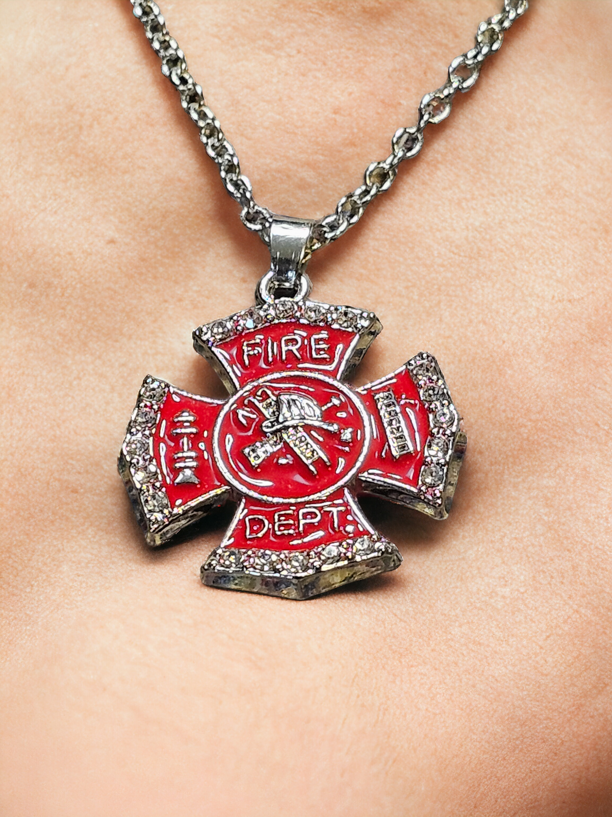 Fire Department Necklace - Red Enamel Maltese Cross Pendant with Rhinestones for Firefighter Appreciation