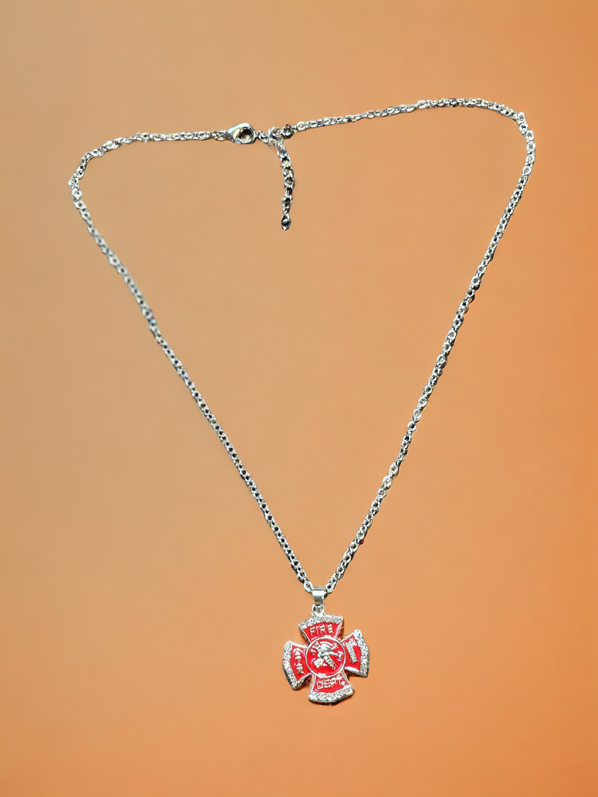 Fire Department Necklace - Red Enamel Maltese Cross Pendant with Rhinestones for Firefighter Appreciation
