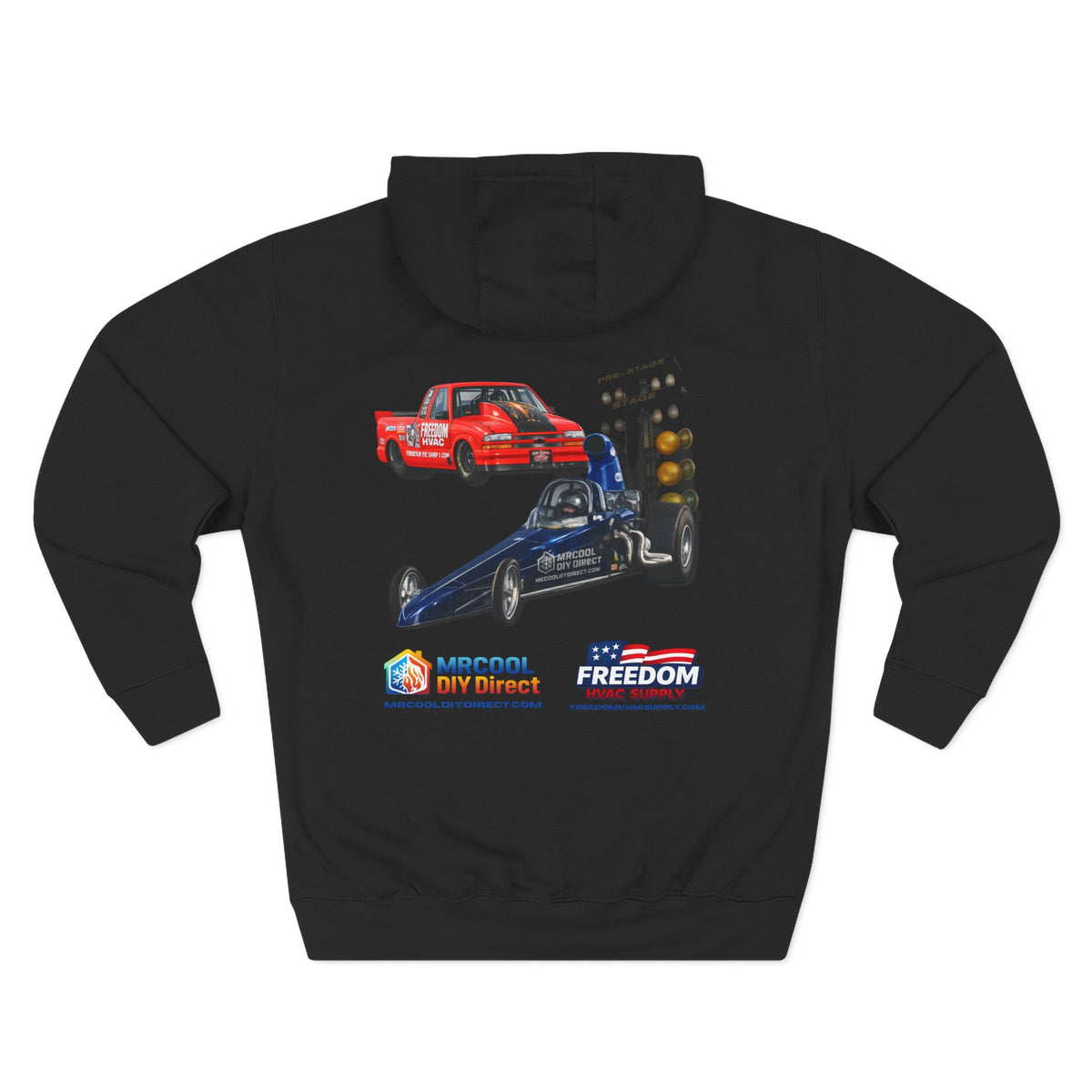 Drag Racing Hoodie — Three-Panel Fleece with Truck & Top Fuel Design