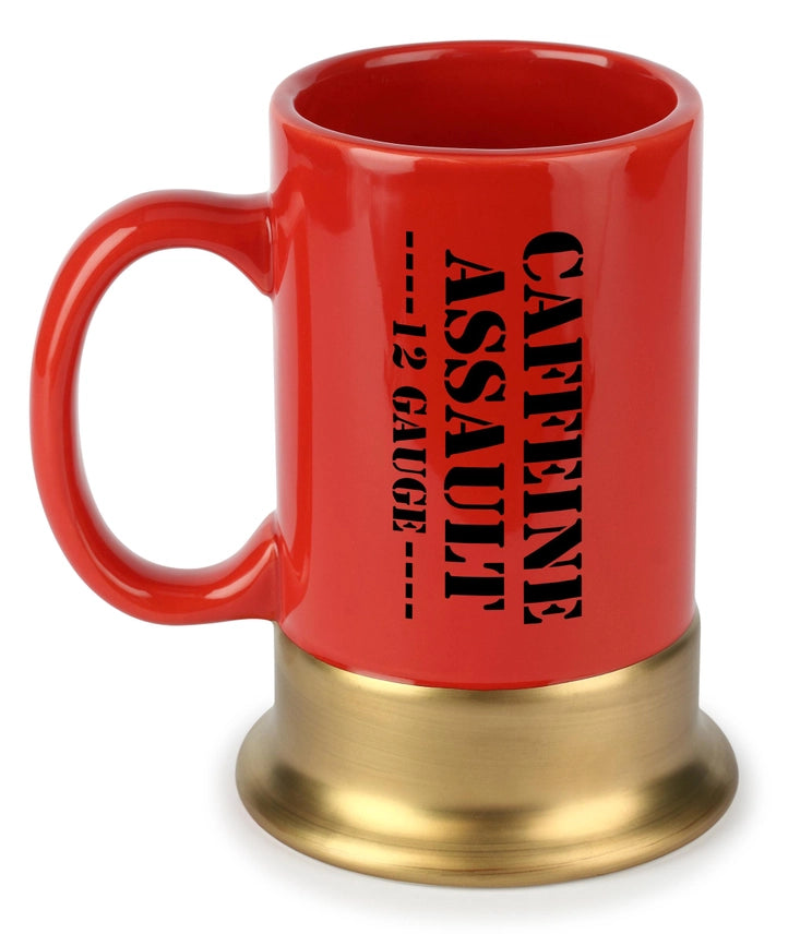 Novelty 12 gauge–style coffee mug used for daily caffeine at a first responder station or home office