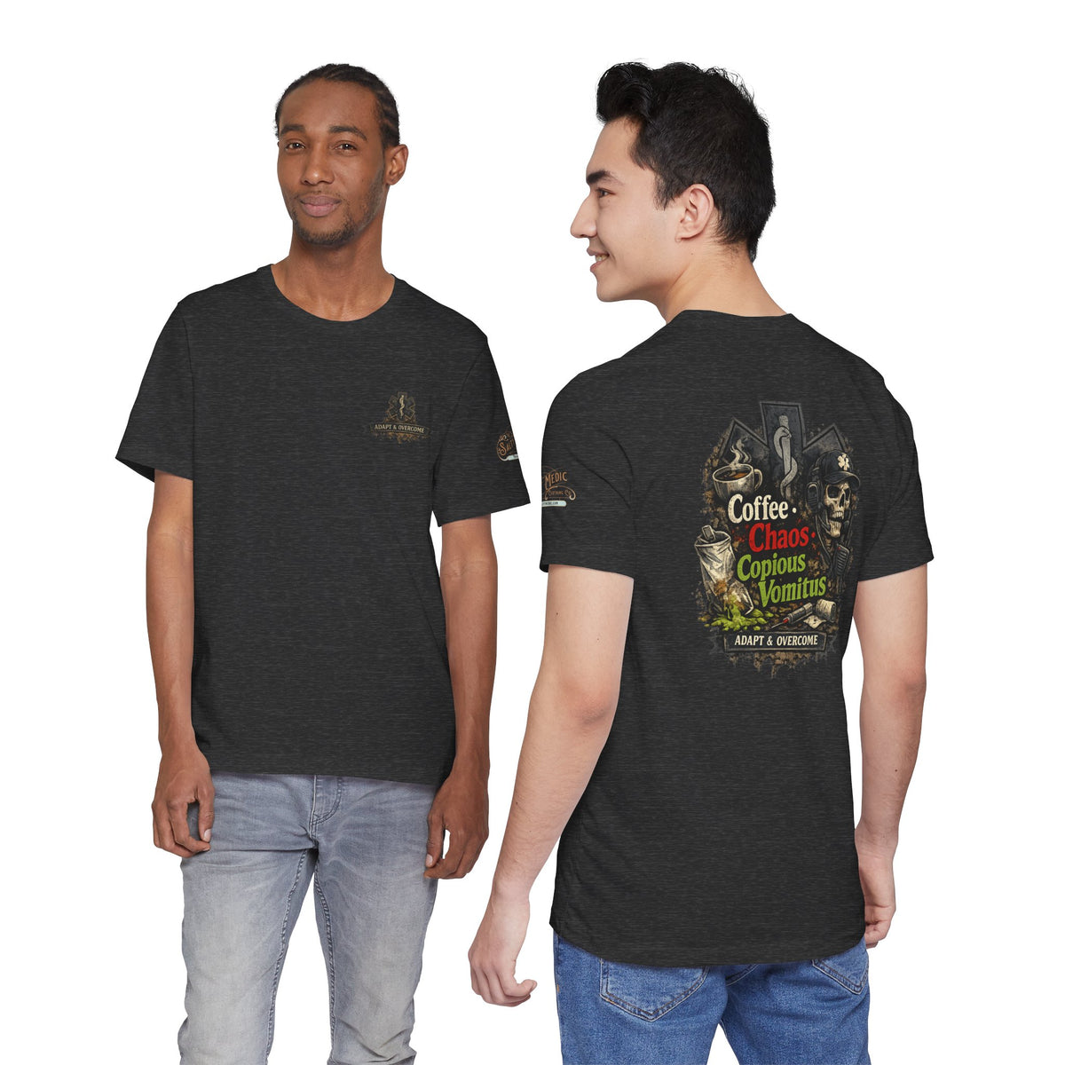Coffee, Chaos & Copious Vomitus EMS T-Shirt | Dark Humor First Responder Tee