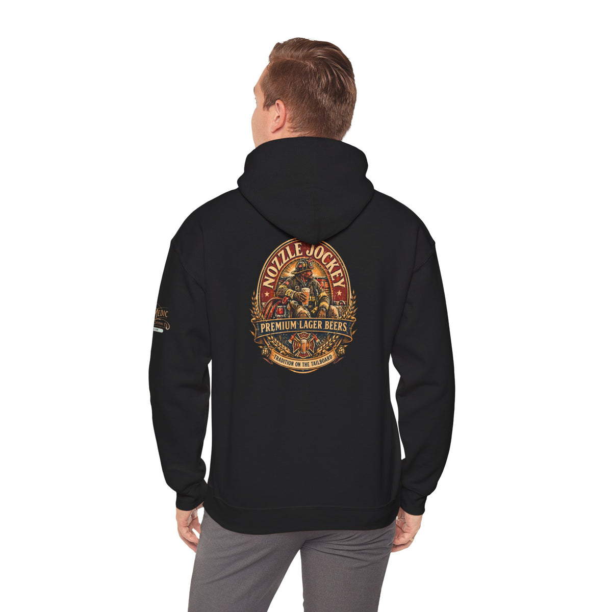 Nozzle Jockey Firefighter Beer Hoodie – Vintage Brewery Graphic Pullover Sweatshirt