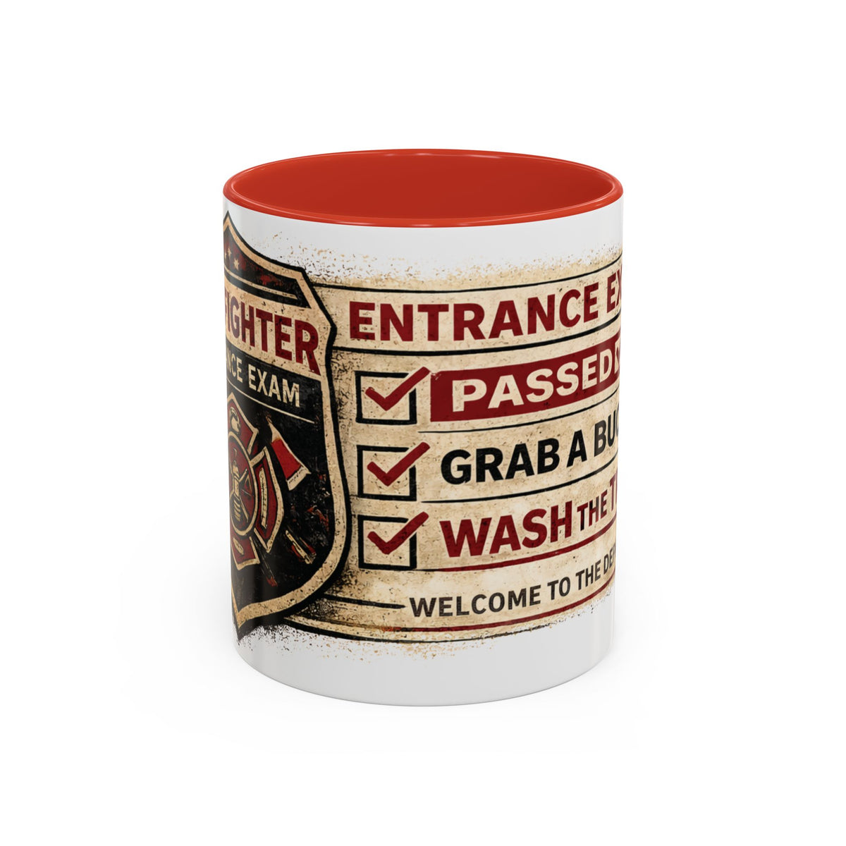 Firefighter Coffee Mug – Funny Fire Department Gift | “Entrance Exam: Passed, Grab a Bucket, Wash the Truck”