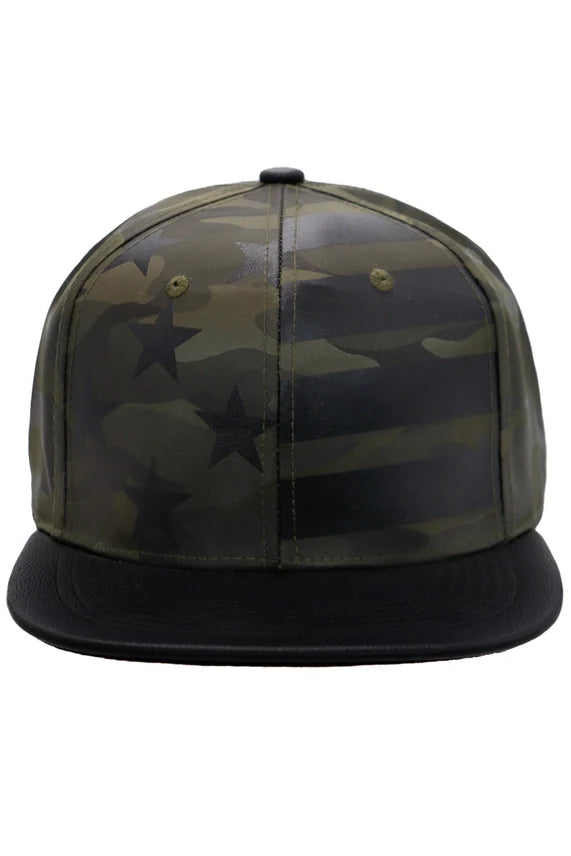 American Flag Camo Flat Brim Snapback Hat – PU Leather Bill