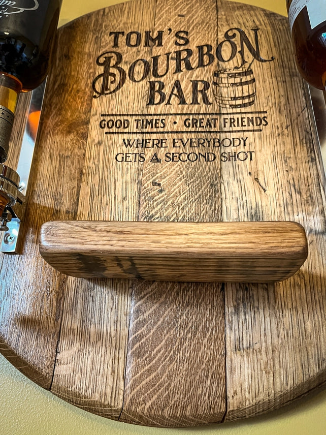 Personalized Bourbon Barrel Lid Liquor Dispenser | Custom Man Cave Bar Decor | Made in USA