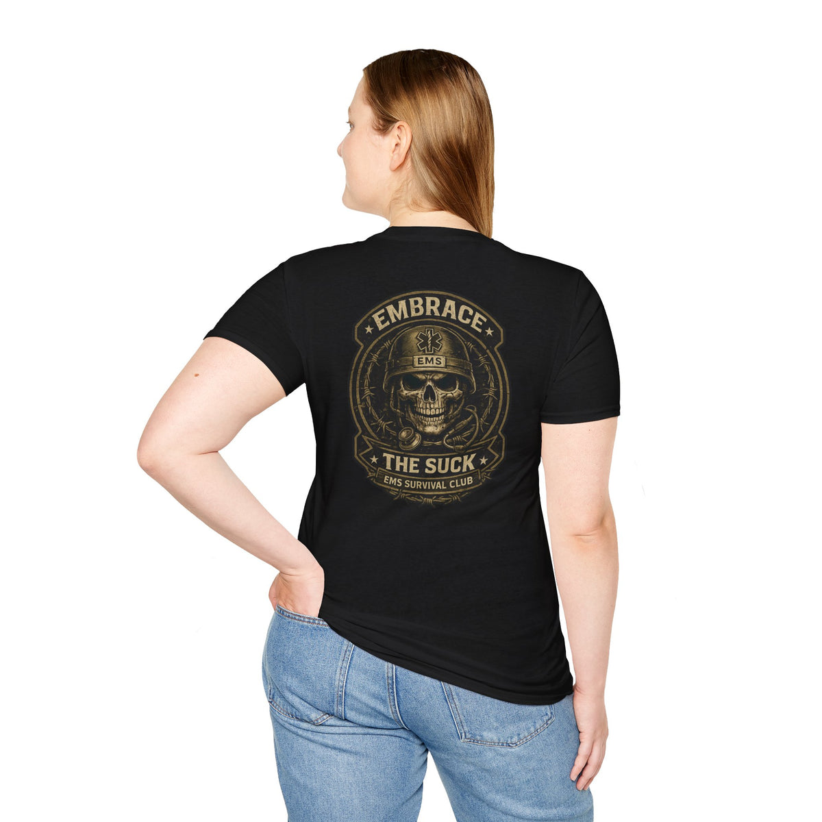 Embrace The Suck EMS survival club shirt with skull helmet graphic for paramedics and first responders