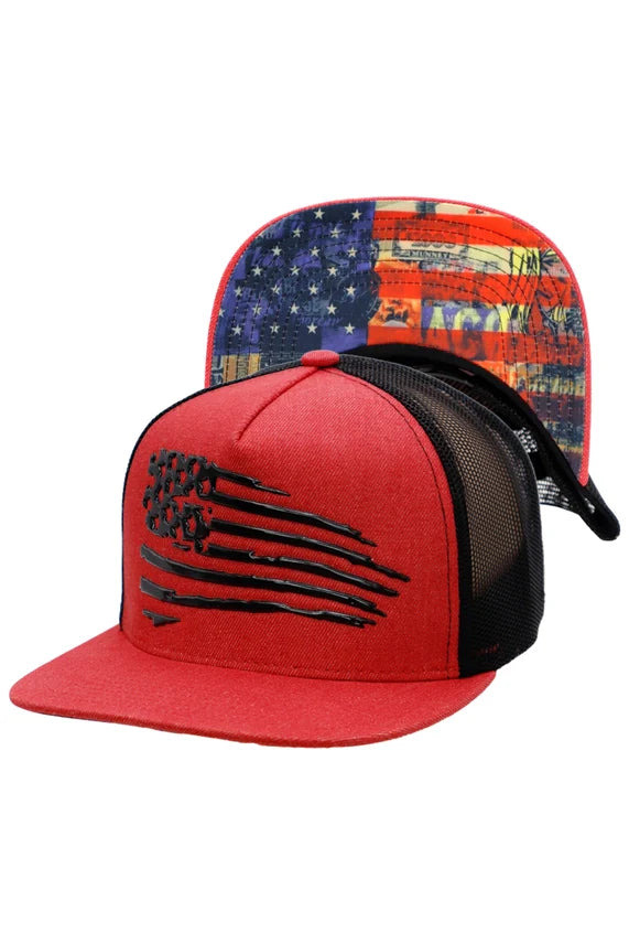 Distressed American Flag Flat Bill Trucker Hat – Snapback Mesh Cap