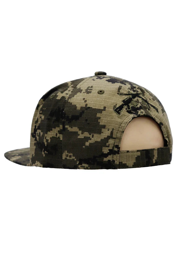 Crossed Rifle USA Flag Flat Brim Cap – Digital Camo Five Panel