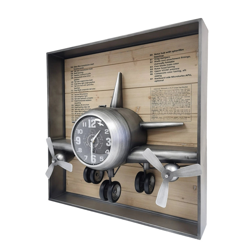 Metallic Vintage Airplane Wall Art with Clock – 3-Piece Aviation Wall Decor Set