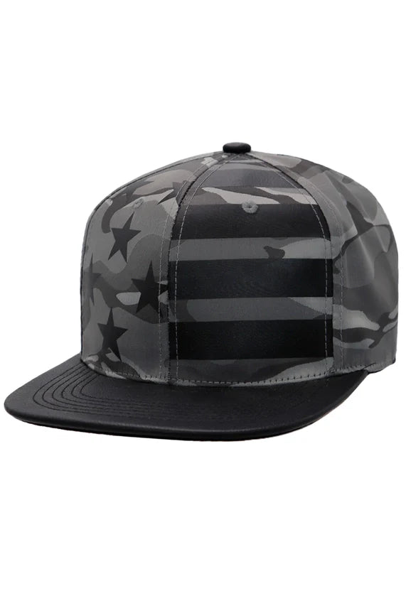 American Flag Camo Flat Brim Snapback Hat – PU Leather Bill