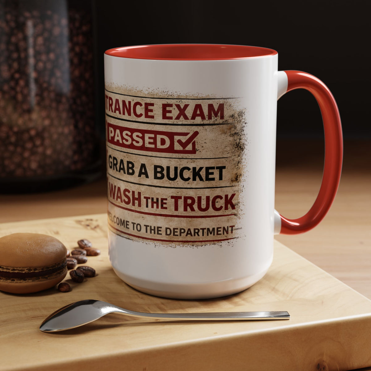 Firefighter Coffee Mug – Funny Fire Department Gift | “Entrance Exam: Passed, Grab a Bucket, Wash the Truck”