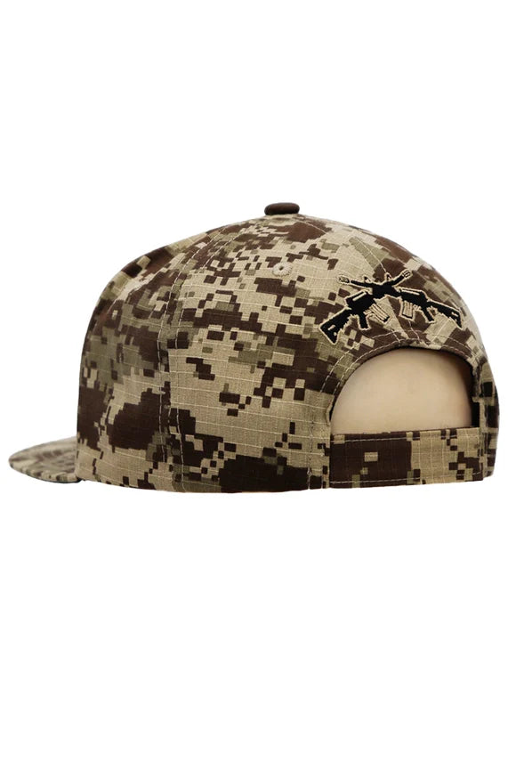Crossed Rifle USA Flag Flat Brim Cap – Digital Camo Five Panel