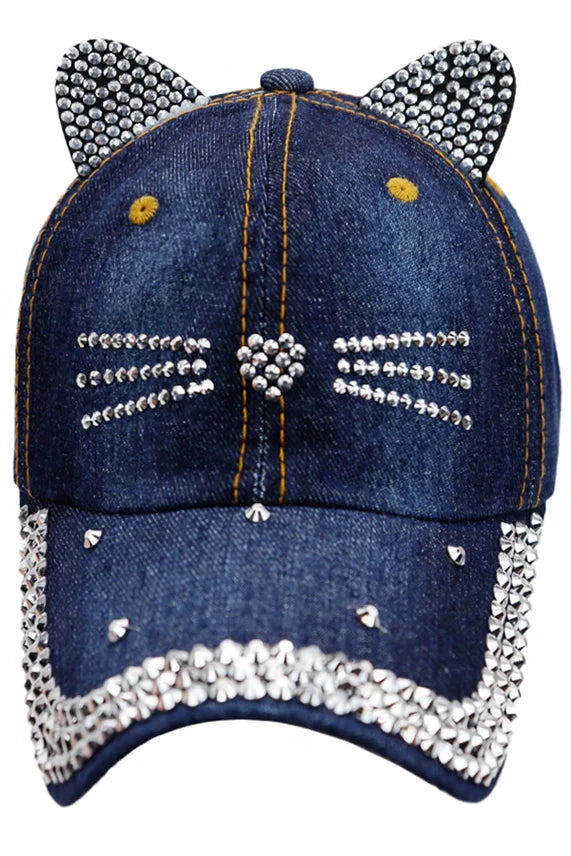Kitty Cat Rhinestone Denim Baseball Cap – Ear & Whisker Design