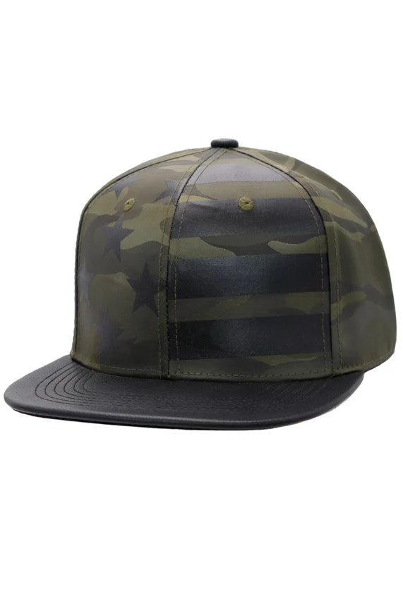 American Flag Camo Flat Brim Snapback Hat – PU Leather Bill