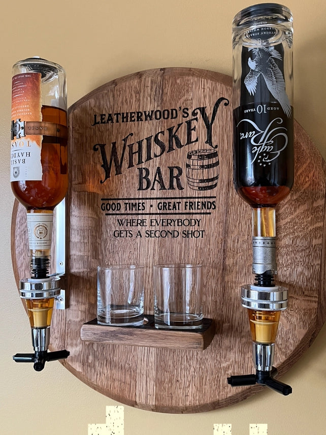 Personalized Bourbon Barrel Lid Liquor Dispenser | Custom Man Cave Bar Decor | Made in USA